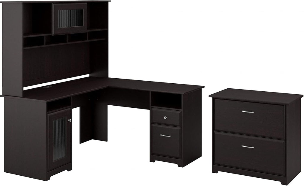 L Shaped Desk with Hutch and Lateral File Cabinet Y9098