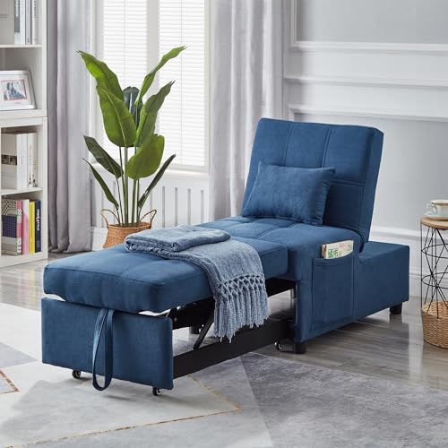 Blue Linen Fabric Convertible Sofa Chair Bed with Pillow V402