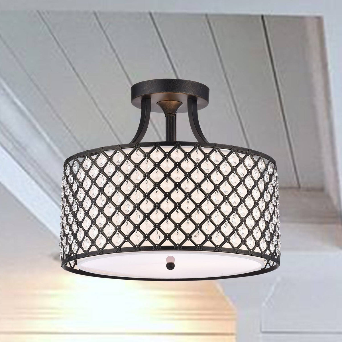 3-Light Antique Black Beaded Drum Semi-Flush Mount V588