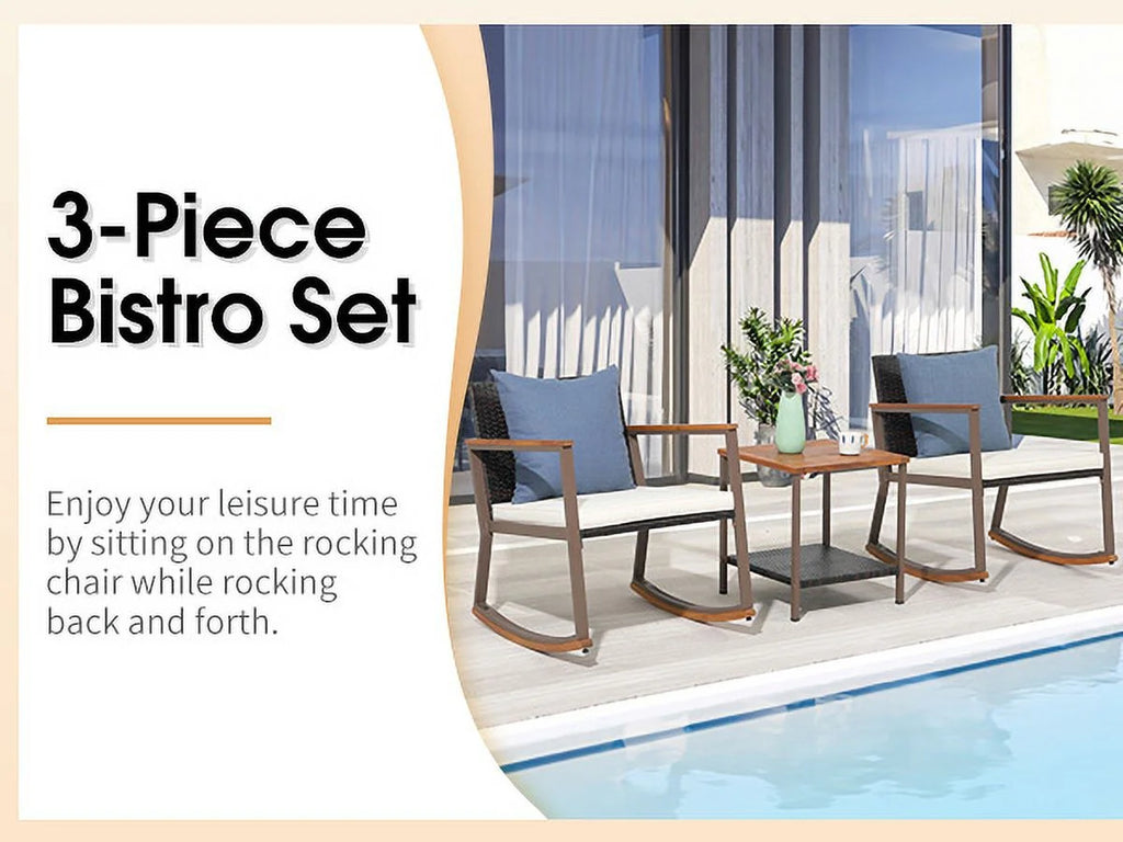 3 Piece Wicker Patio Bistro Set with Coffee Table and Cushions Y787410