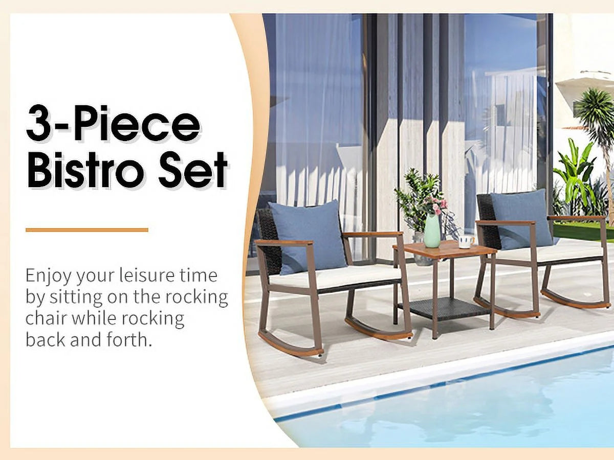 3 Piece Wicker Patio Bistro Set with Coffee Table and Cushions Y787410