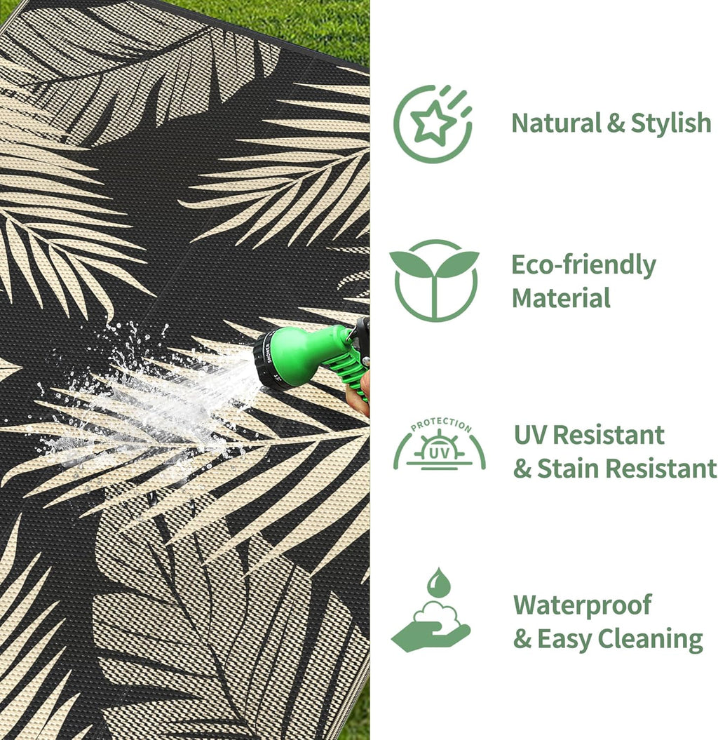 9' x 18' Waterproof Reversible Outdoor Rug Black Beige O43111