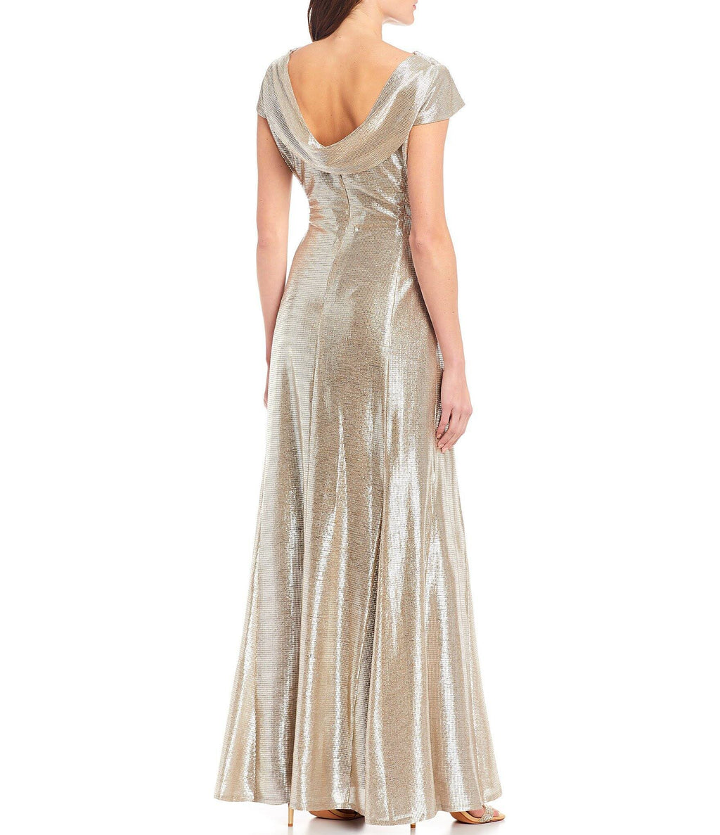 Long Cap-Sleeve Metallic Knit Gown W7570