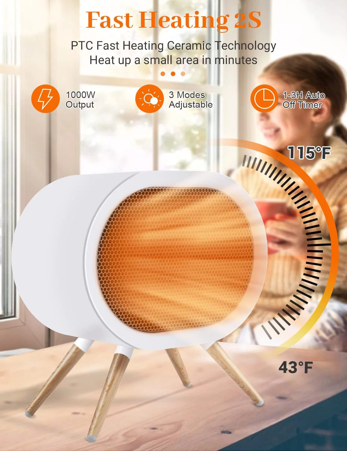 1000W PTC Ceramic Electric Space Heater White N418