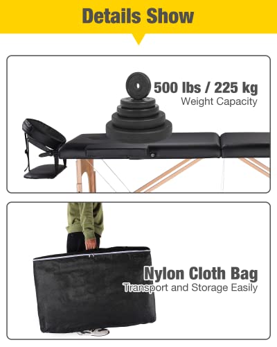 Portable Massage Table Wooden Frame Height Adjustment Black 3-Section T5266