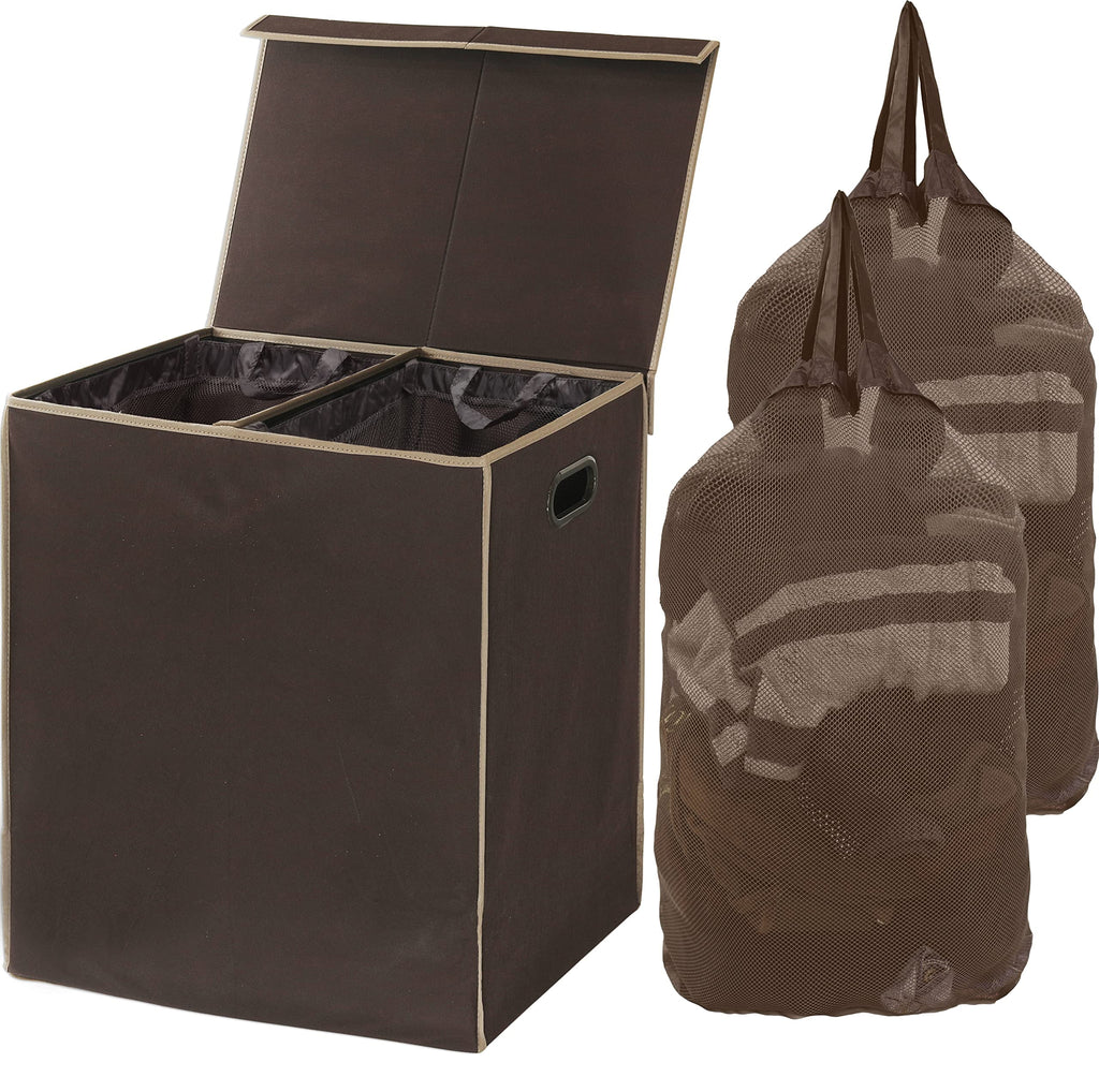 Brown Double Laundry Hamper with Lid and Removable Bags E3776