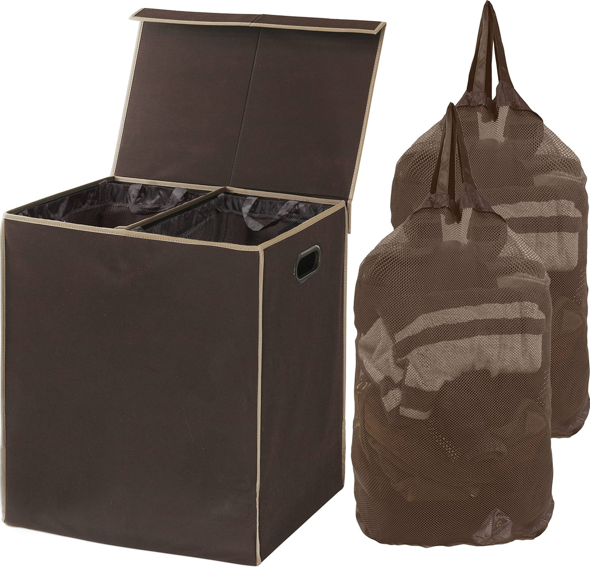 Brown Double Laundry Hamper with Lid and Removable Bags E3776