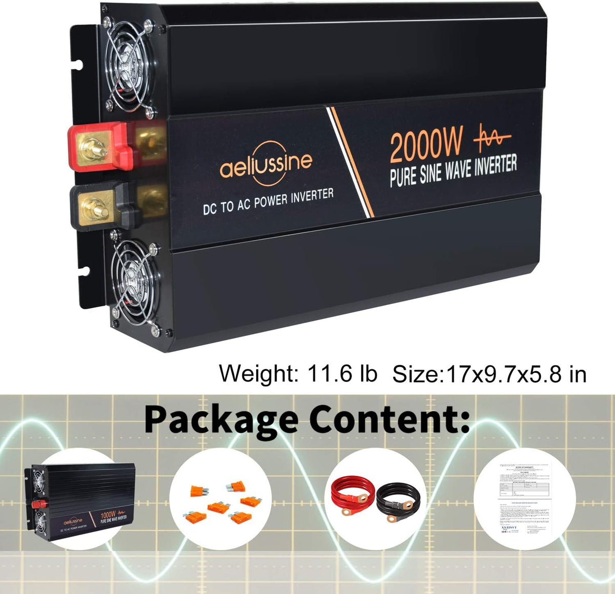 Power Inverter 2000 Watt Pure Sine Wave 24v DC to AC 120v Peak 4000 Watt with LCD Display USB Charge Port V288957