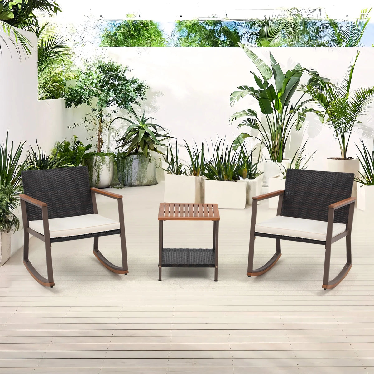 3 Piece Wicker Patio Bistro Set with Coffee Table and Cushions Y787410