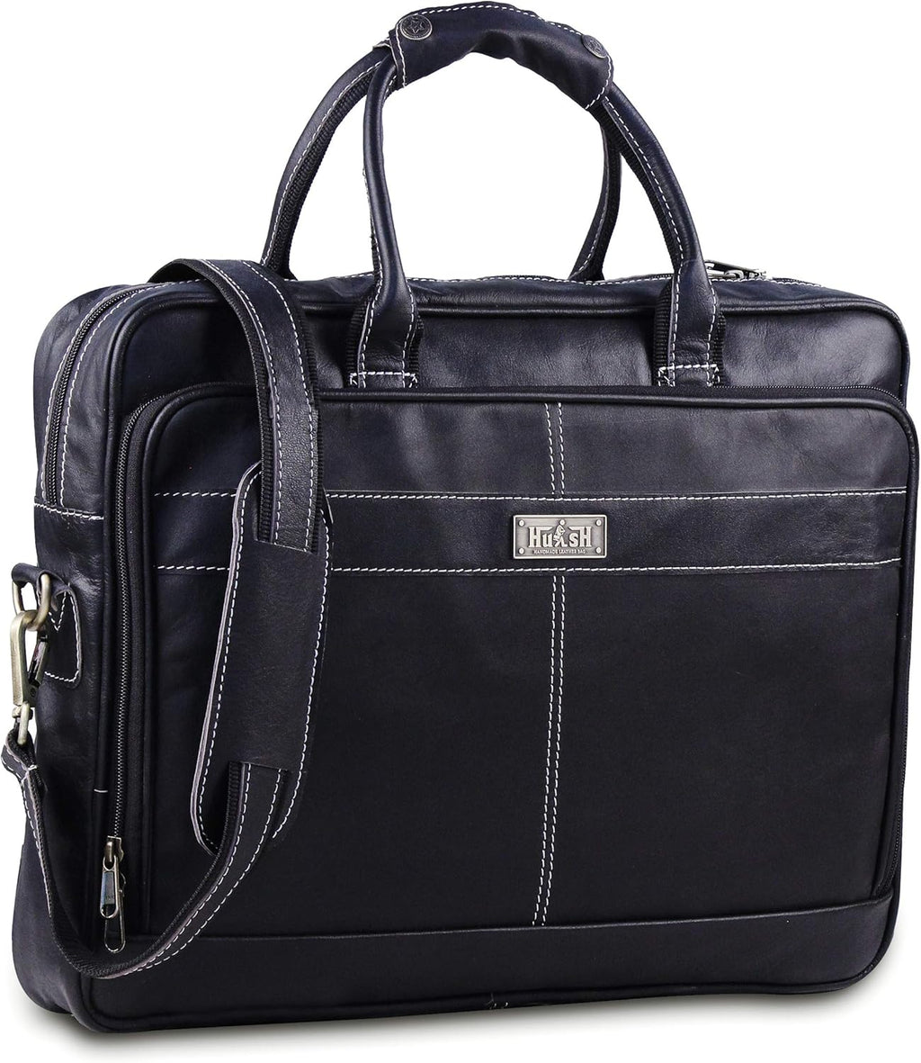 Black Leather Laptop Bag with Padded Laptop Case Y9016