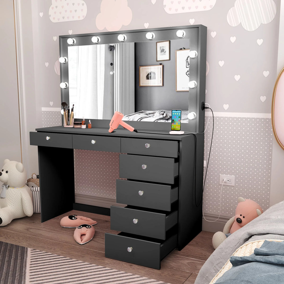 Black Makeup Vanity Table with Crystal Knobs L45155
