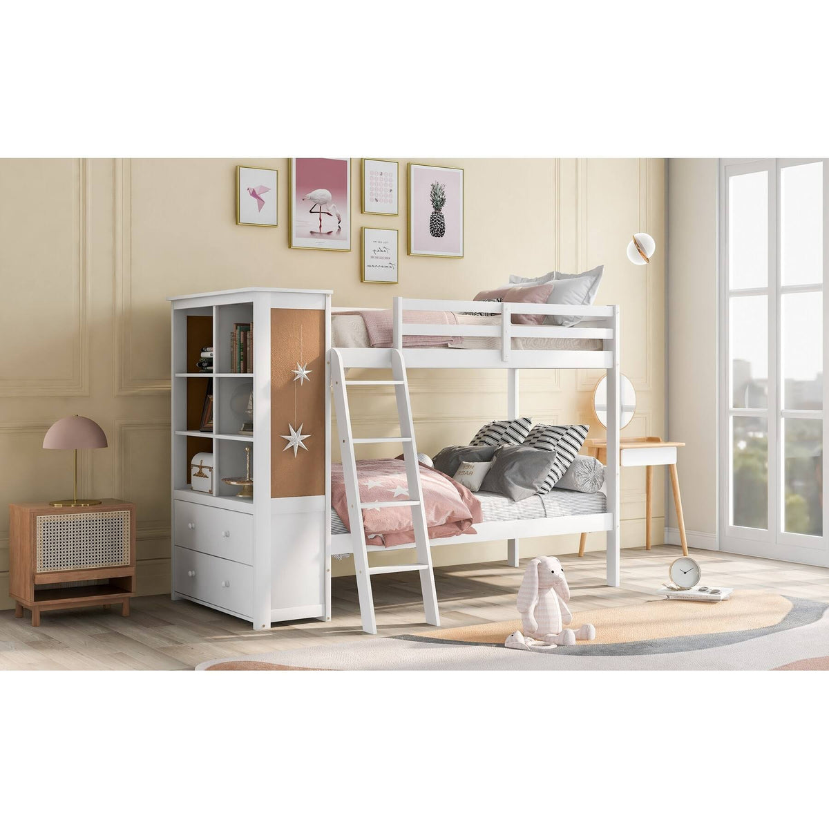 White Twin Over Twin Bunk Bed with Bookcase and 2 Drawers G8698