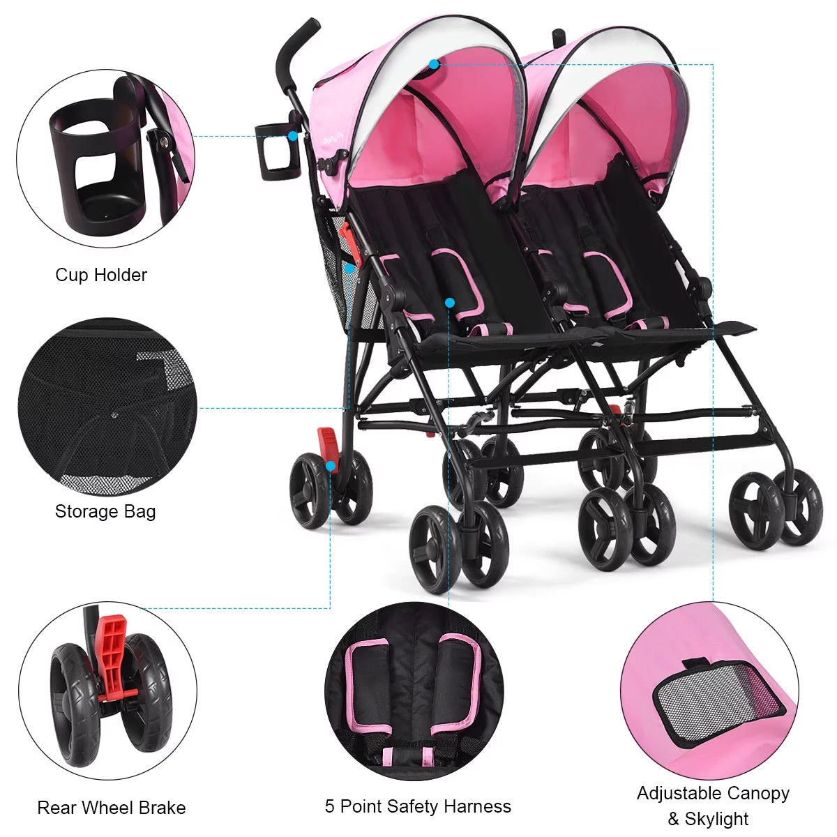 Foldable Twin Double Stroller Black J879