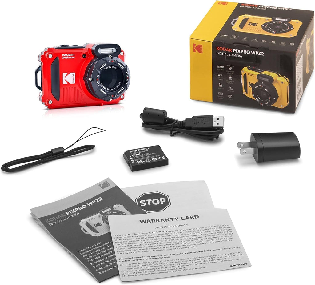 Red Rugged Waterproof Digital Camera with Case, Monopod, Card Reader (9 Items) J883