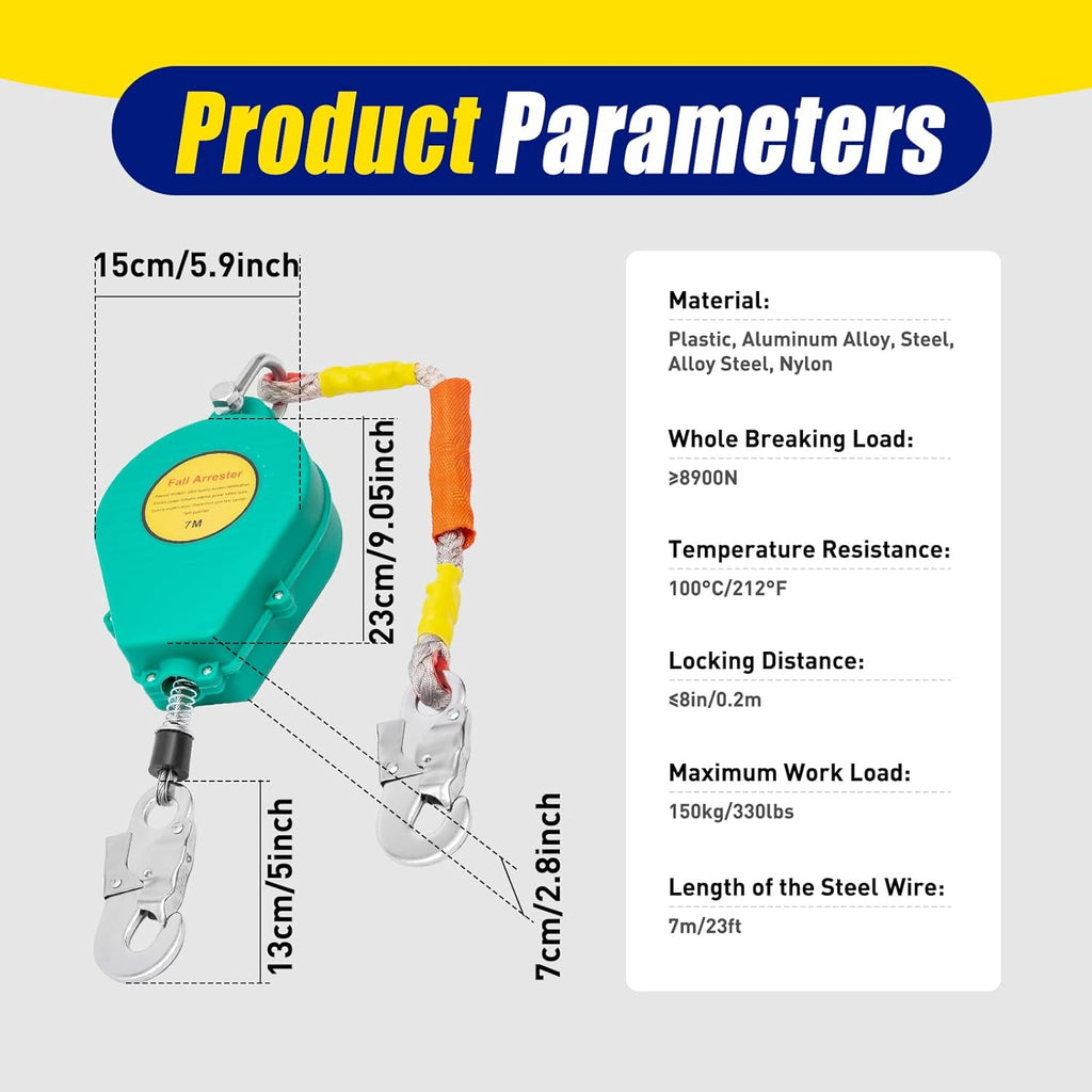 Self Retracting Lifeline 330lbs Fall Arrester Retractable Fall Protection Safety Harness with Alloy Steel Hook & Steel Wire Rope G7484