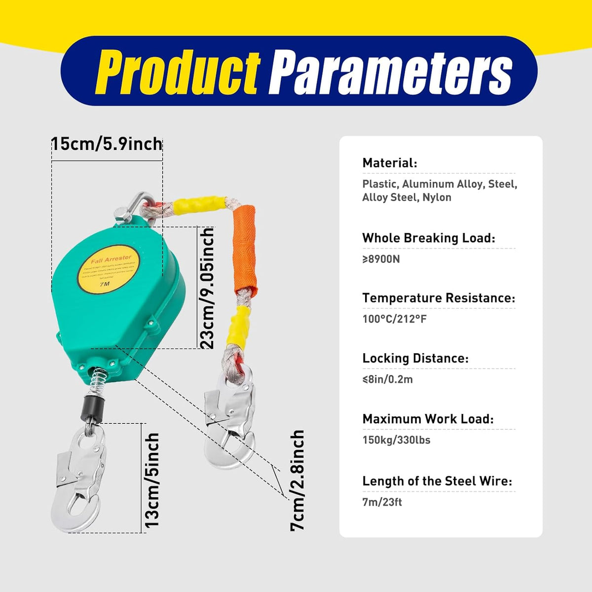 Self Retracting Lifeline 330lbs Fall Arrester Retractable Fall Protection Safety Harness with Alloy Steel Hook & Steel Wire Rope G7484