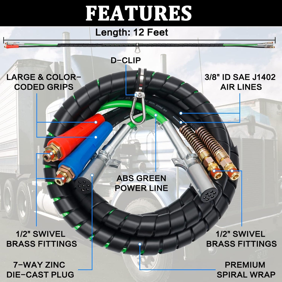 12 FT Semi Truck Air Hose Kit with Glad Hands B6999