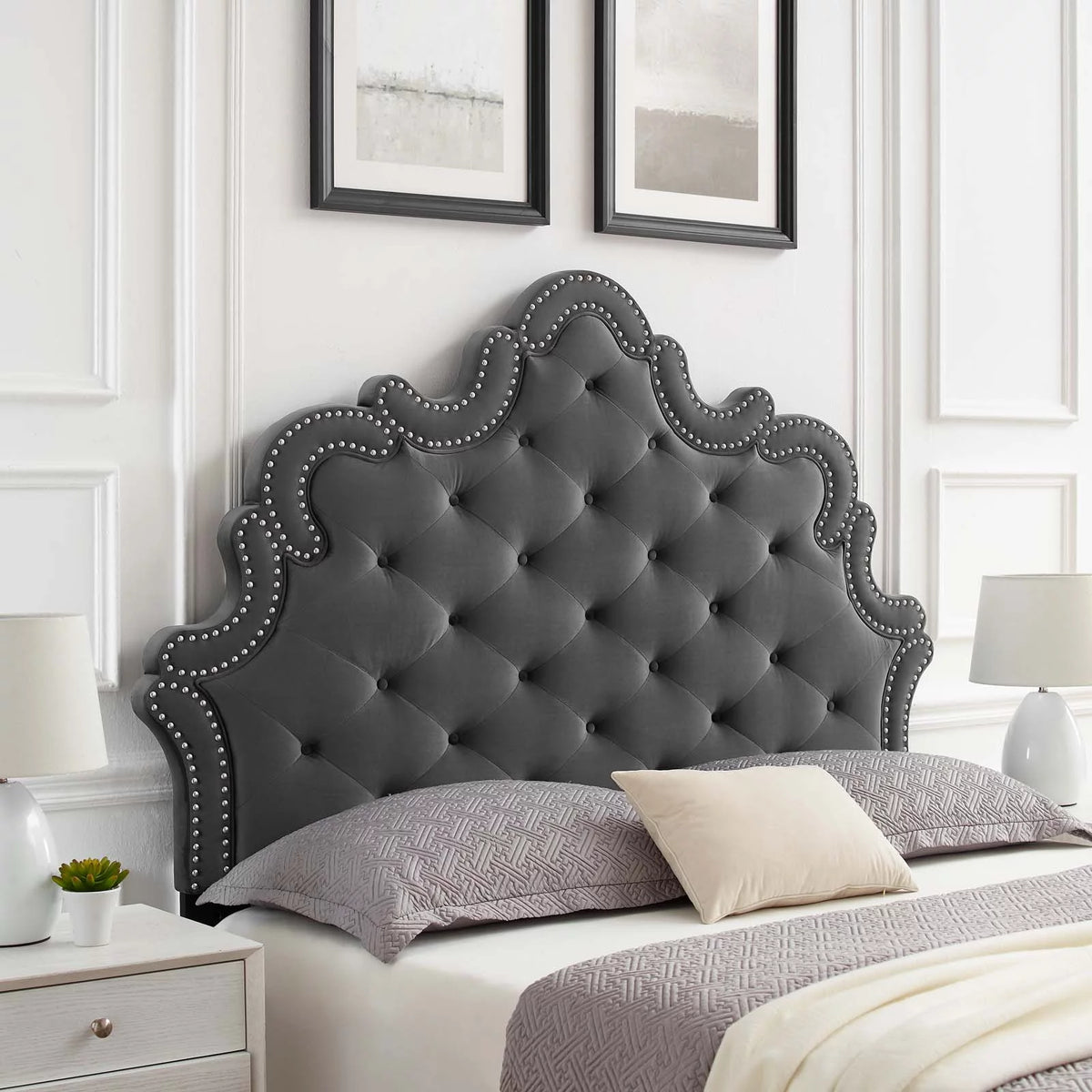 Charcoal Button-Tufted Performance Velvet Twin Headboard Z113