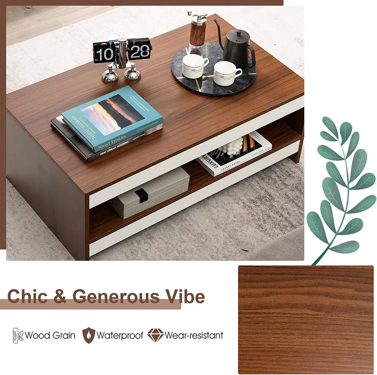 37 Inch Two-Tier Wooden Coffee Table with Storage Shelf E6038