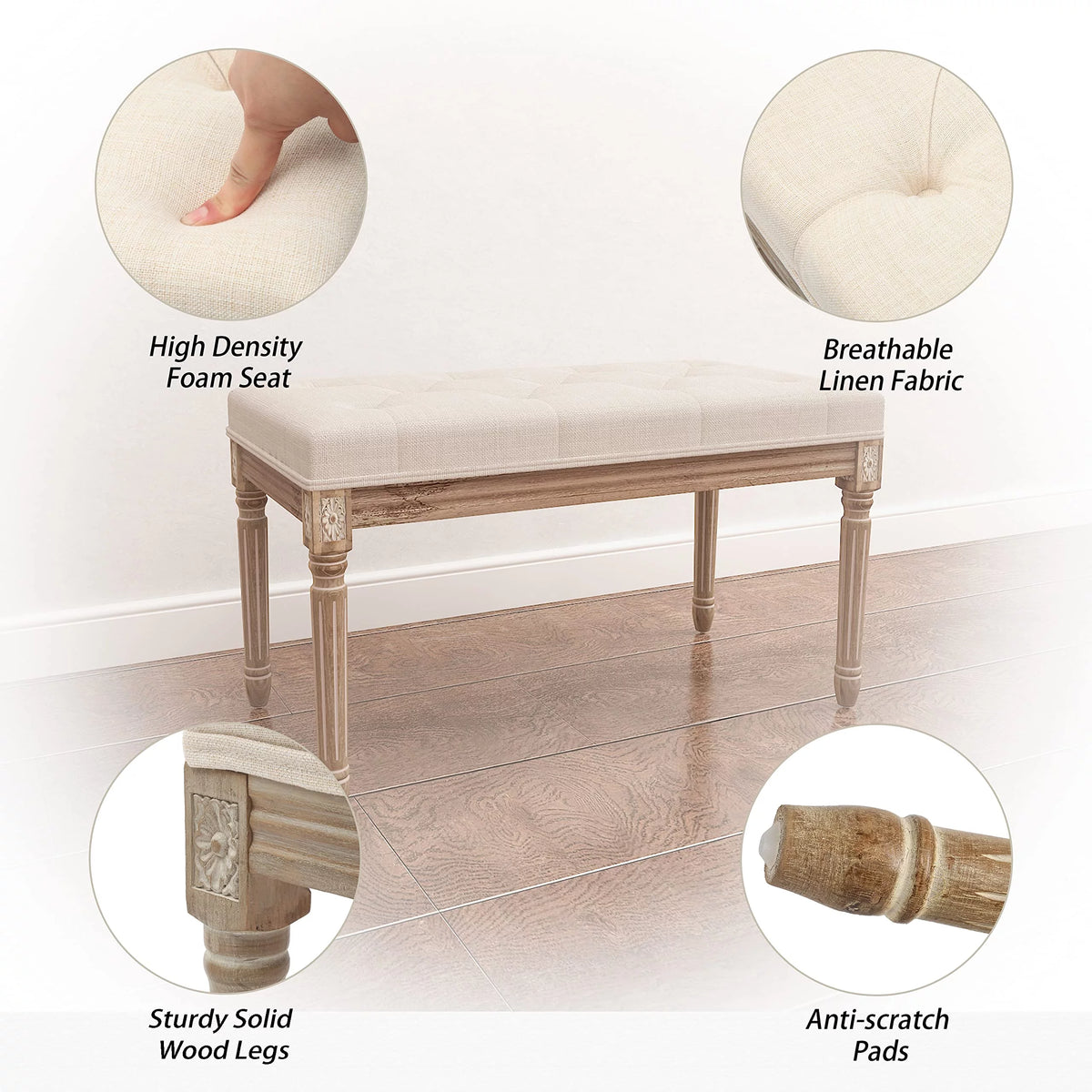 Beige Upholstered Bench with Carved Wood Legs I183838