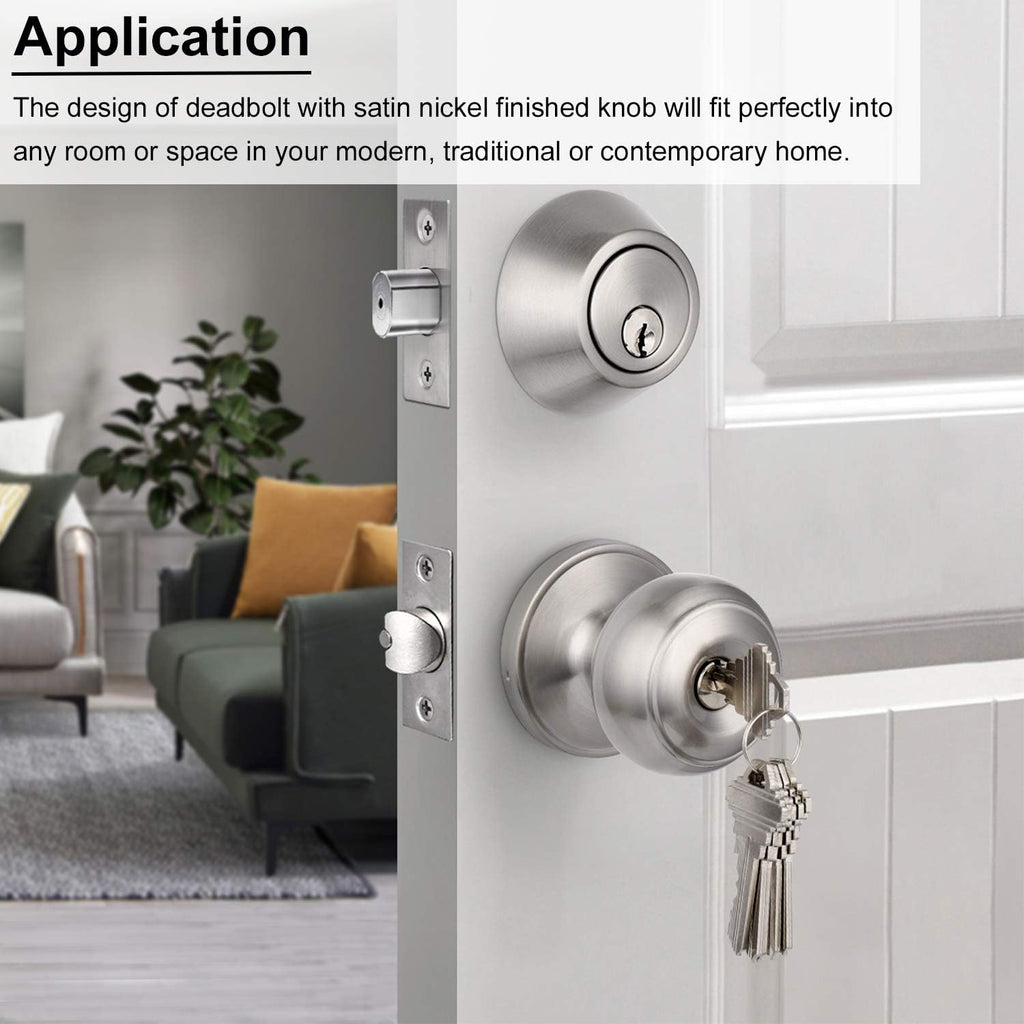 10 Sets Keyed Alike Door Handleset with Deadbolt, Satin Nickel Entry Door Knob with Double Cylinder Deadbolt J28886