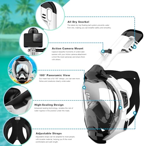 Full Face Snorkel Mask with Dry Top Breathing System and Detachable Camera Mount O4079