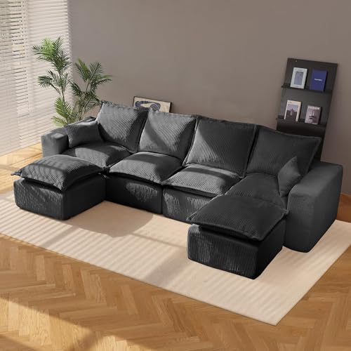 Modular Sectional Sofa with L-Shape Chaise, Soft Corduroy Black U465