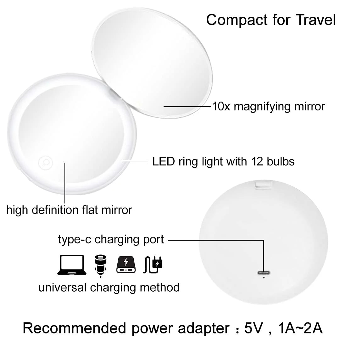 Compact LED Magnifying Rechargeable 2-Sided Makeup Mirror S873818