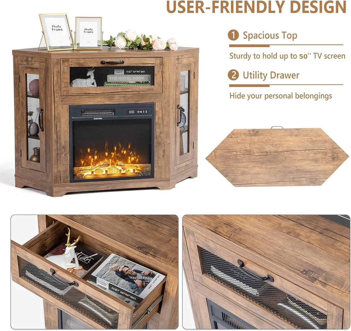 Oak Brown TV Corner Fireplace TV Stand for TVs Up to 50 Inch O303