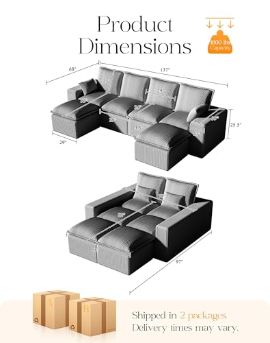 Modular Sectional Sofa with L-Shape Chaise, Soft Corduroy Black U465