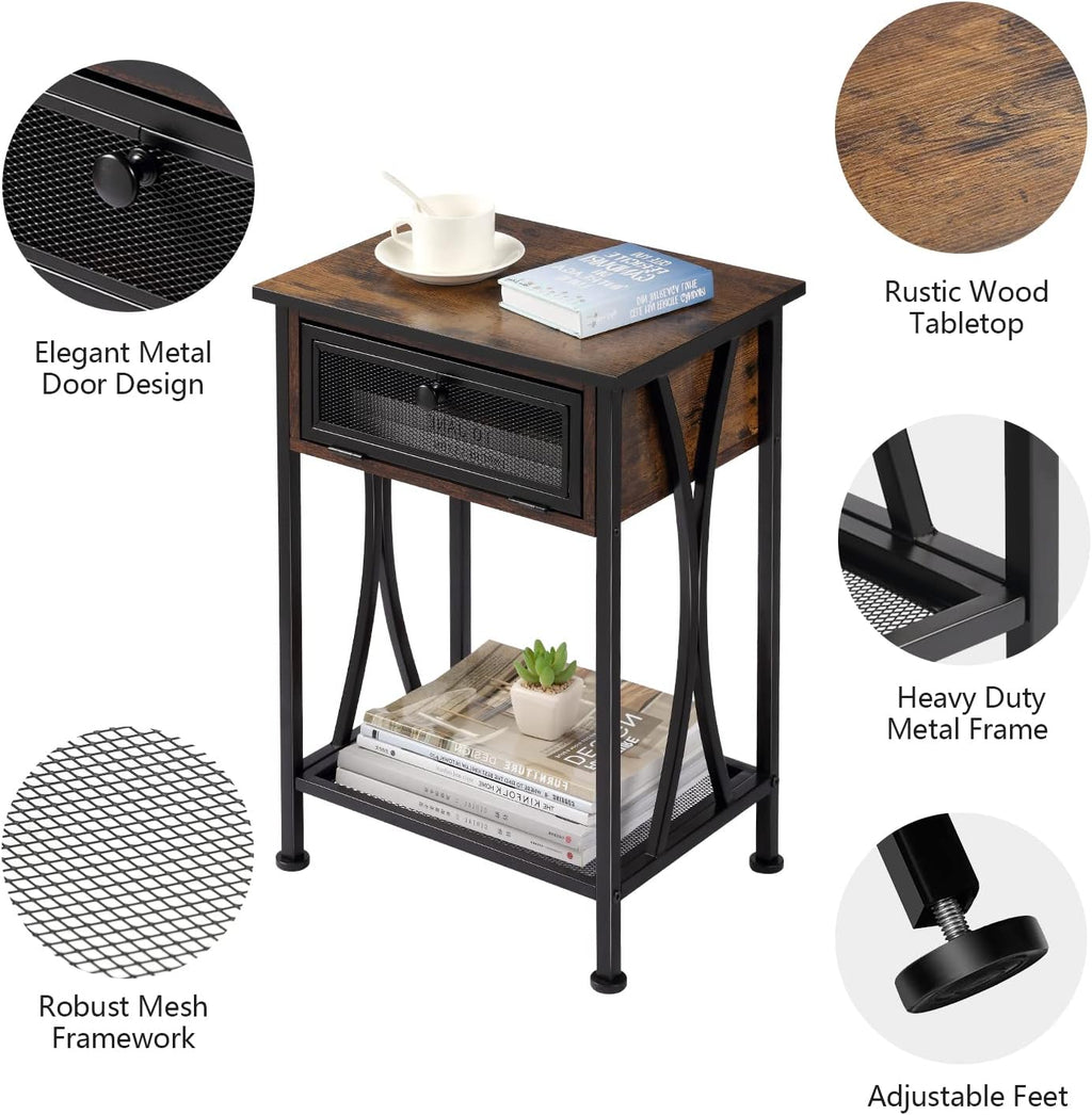 Rustic Brown Nightstand with Storage Cabinet and Shelf A671
