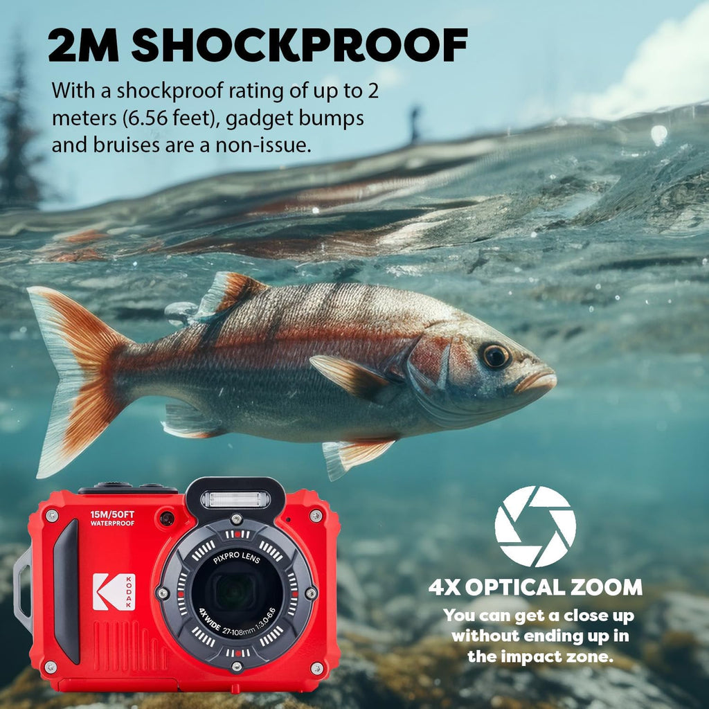 Red Rugged Waterproof Digital Camera with Case, Monopod, Card Reader (9 Items) J883