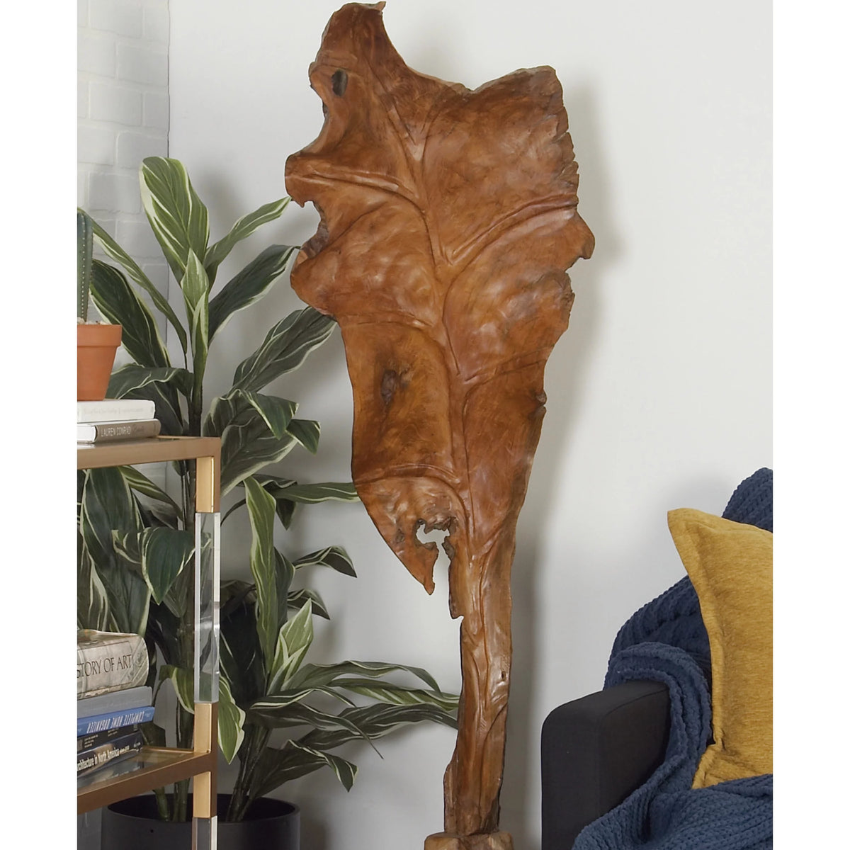 Brown Teak Wood Handmade Live Edge Leaf Sculpture I280843