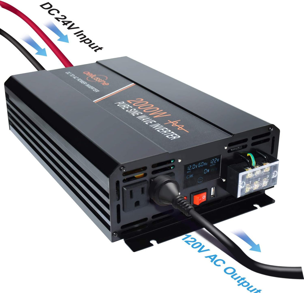 Power Inverter 2000 Watt Pure Sine Wave 24v DC to AC 120v Peak 4000 Watt with LCD Display USB Charge Port V288957