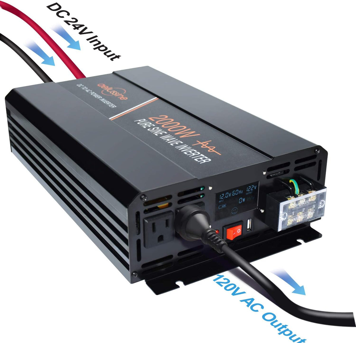 Power Inverter 2000 Watt Pure Sine Wave 24v DC to AC 120v Peak 4000 Watt with LCD Display USB Charge Port V288957
