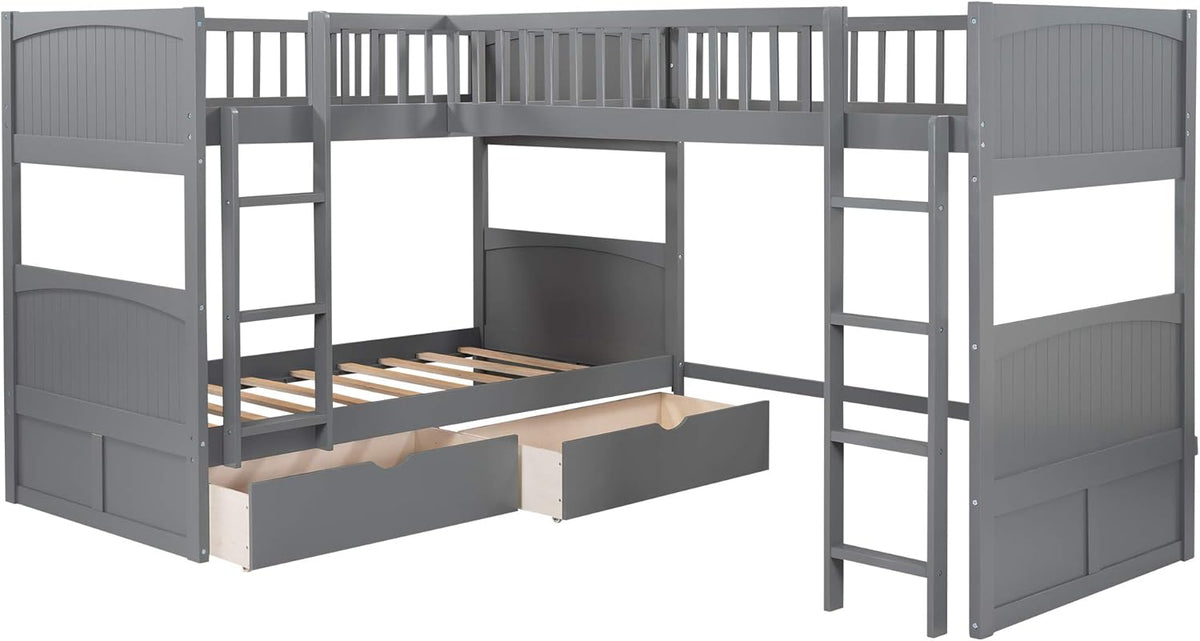Gray Wooden Triple Bunk Beds with 2 Storage Drawers K4656