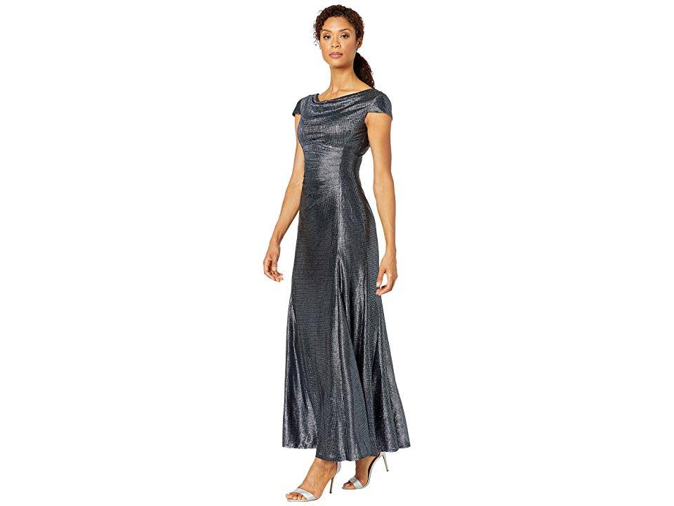 Long Cap-Sleeve Metallic Knit Gown W7570
