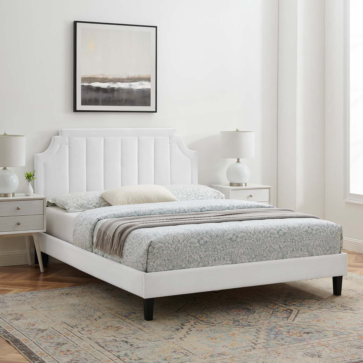 Twin Size White Velvet Platform Bed Frame E717478