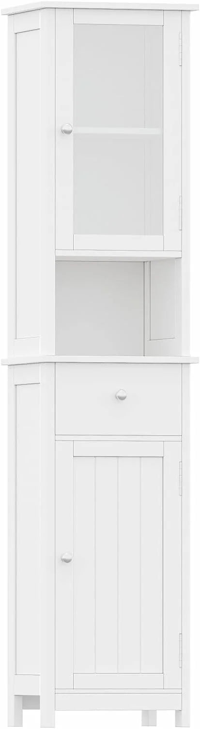 White Tall Bathroom Floor Cabinet with Glass Doors K144904