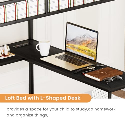 Full Size Black Metal Loft Bed with Desk and Stairs R910491