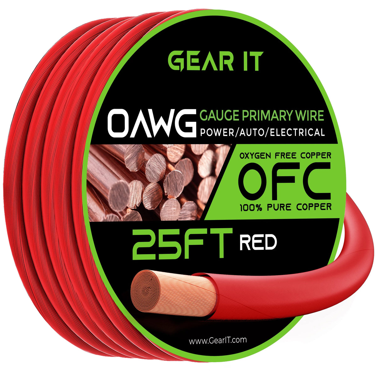 1/0 Gauge Oxygen Free Copper OFC 25ft Red Translucent Primary Automotive Wire W287