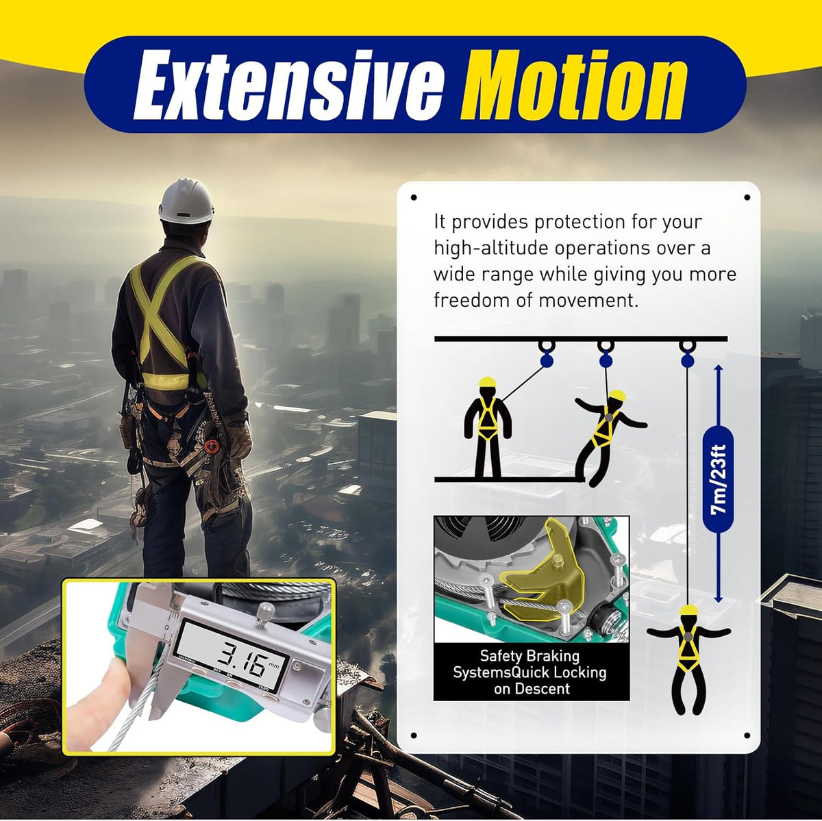 Self Retracting Lifeline 330lbs Fall Arrester Retractable Fall Protection Safety Harness with Alloy Steel Hook & Steel Wire Rope G7484