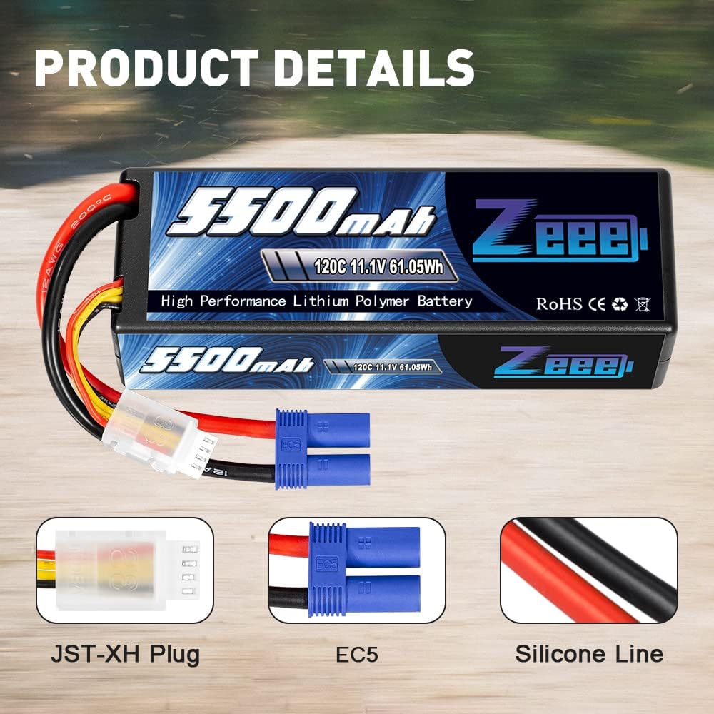 3S Lipo Battery 5500mAh 11.1V 120C Hard Case with EC5 Connector 2 Pack Q189