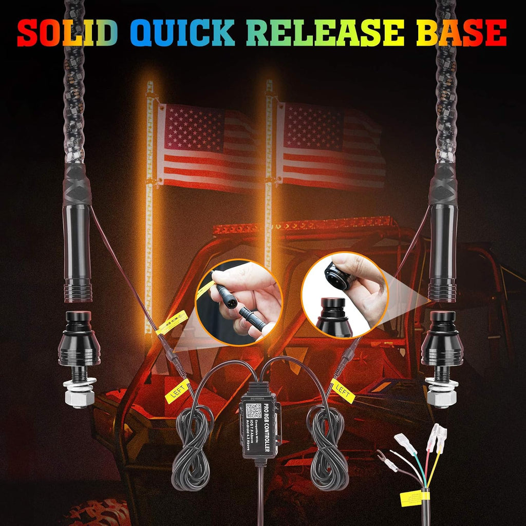 LED Whip Lights with Bluetooth and Flag Pole, 366+ Lighting Modes RGB, 2pcs 3ft V309