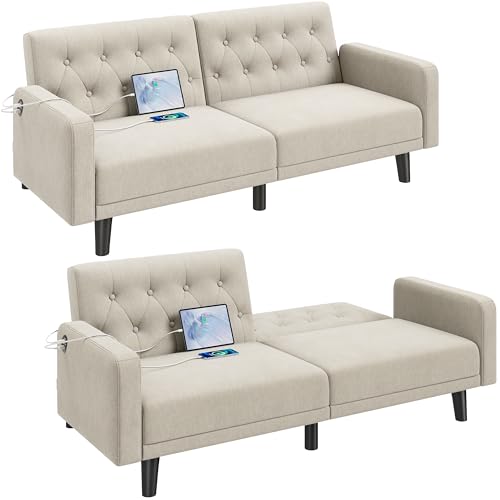 Beige Convertible Sofa Bed with USB Q129589