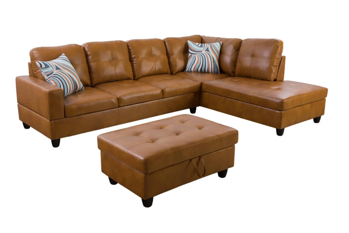 Ginger Leather Sectional Sofa Set with Storage Ottoman G7685