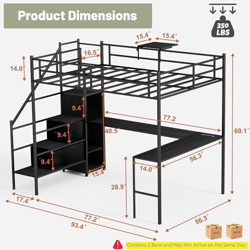 Full Size Black Metal Loft Bed with Desk and Stairs R910491