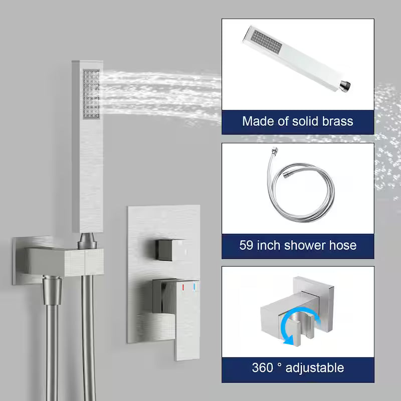 12 in. Wall Mount Dual Shower Head Hand Shower Faucet in Brushed Nickel U214589