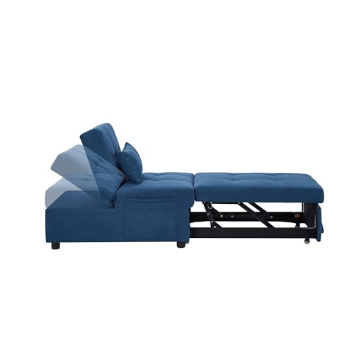 Blue Linen Fabric Convertible Sofa Chair Bed with Pillow V402