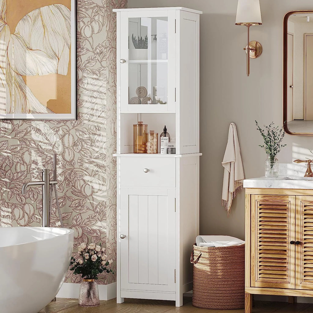 White Tall Bathroom Floor Cabinet with Glass Doors K144904
